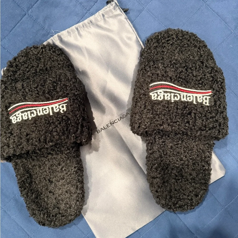 Balenciaga Black Fuzzy Slippers - Picture 1 of 4